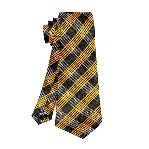 5PCS Mens Silk Tie, Pocket Square, Cufflinks, Drilled Tie Ring and Lapel Pin Set for Wedding Groom Party - color: Gold Plaid Tie Set -186+186