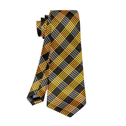 5PCS Mens Silk Tie, Pocket Square, Cufflinks, Drilled Tie Ring and Lapel Pin Set for Wedding Groom Party - color: Gold Plaid Tie Set -186+186