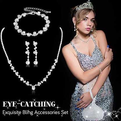4 Pcs Silver Clutch Purse Jewelry Set for Women Rave Accessories Evening Rhinestone Purse Silver for Bride Wedding - style: Charming Style