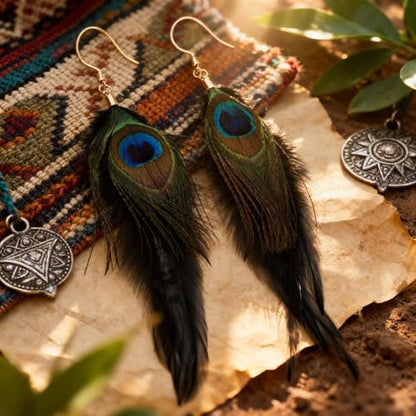 Feather Earrings for Women, Sterling Silver Hook Boho Style Peacock Long Feather Jewelry - color: Peacock Feather-5