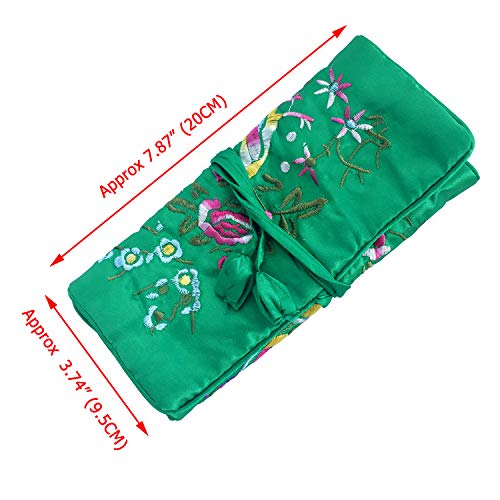 Travel Jewelry Roll Bag - Silk Embroidered Brocade Pouch for Rings, Necklaces, Earrings, Bracelets | Lightweight & Tie Closure (Dark Green) - color: Dark Green