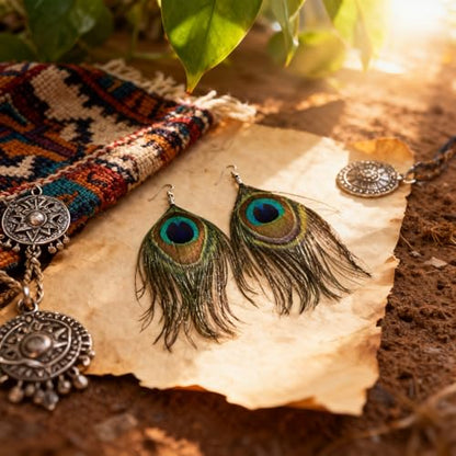 Feather Earrings for Women, Sterling Silver Hook Boho Style Peacock Long Feather Jewelry - color: Peacock Feather-3