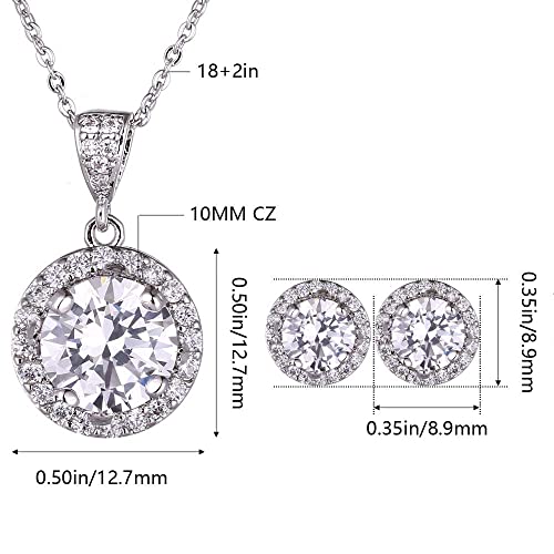 AMYJANE Halo Crystal Jewelry Set - Sterling Silver Round Cubic Zirconia Crystal Bridal Pendant Necklace Earrings Set for Wedding Bride Bridesmaids - color: Clear - Silver