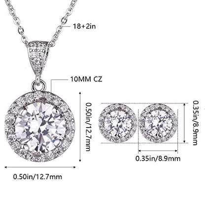 AMYJANE Halo Crystal Jewelry Set - Sterling Silver Round Cubic Zirconia Crystal Bridal Pendant Necklace Earrings Set for Wedding Bride Bridesmaids - color: Clear - Silver