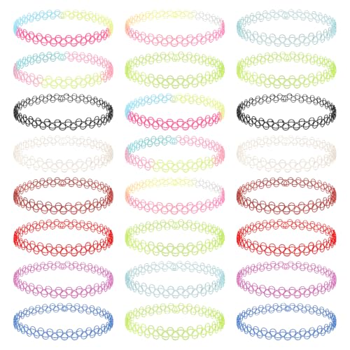 24 PCS Multicolour Tattoo Choker Necklace Set - Colorful Stretchy Elastic Vintage Trendy 90s Y2K Fashion Jewelry, Rainbow Gothic Grunge Collar, Adjustable Elastic Necklace Jewelry Gift for Women
