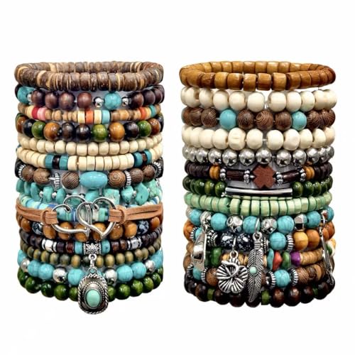 Punk Beaded Bracelets Pack for Men Women, Mens Bracelet Set with Beads, Mens Bead Bracelet Stackable Gothic Boho Adjustable Men Bead Bracelet Pack - color: 30pcs