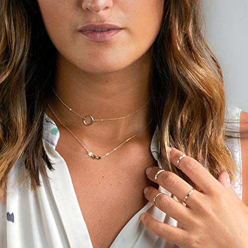 Turandoss Dainty Gold Choker Necklaces for Women - 14K Gold Plated Handmade Medallion Snake Link Chain Cross Star Moon Adjustable Simple Choker Necklaces for Women Jewelry - style: Circle& Half Moon