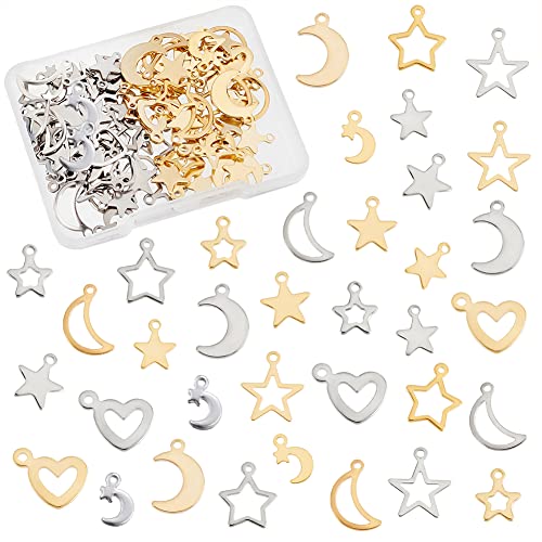 PH PandaHall 108pcs Moon Star Heart Charms, 18 Styles Stainless Steel Star Pendants Crescent Moon Romantic Charms Small Dangle Charm for Mother's Day Necklace Earrings Bracelet Jewelry Making