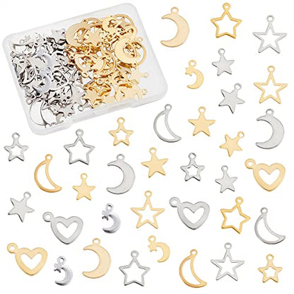 PH PandaHall 108pcs Moon Star Heart Charms, 18 Styles Stainless Steel Star Pendants Crescent Moon Romantic Charms Small Dangle Charm for Mother's Day Necklace Earrings Bracelet Jewelry Making