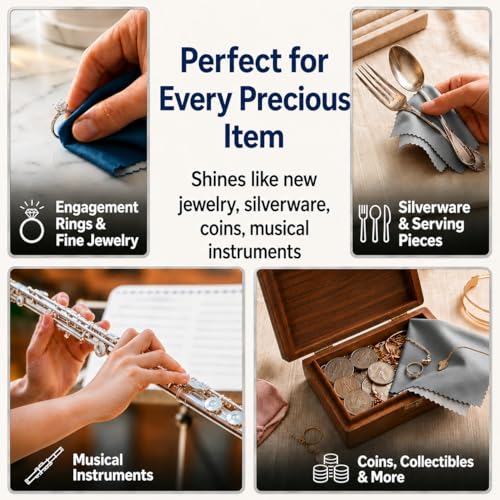 Mayflower Premium Jewelry Polishing Cloth Set of Two. Made in USA. Non Toxic Cleaning Formula -100% Ultra-Soft Cotton. Shines Silver, Gold, Platinum, Diamond Rings, Jewelry, Watches, Coins & Heirlooms - color: Grey and Blue