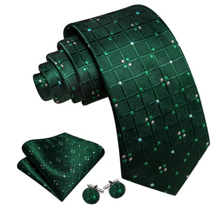 YOHOWA Men Plaid/Striped Ties Clip Set Silk Necktie Pocket Square Cufflinks | Woven Classic,Formal/Casual Mens Tie,Pocket Square Cufflinks Set,Luxury,Business,Wedding,Party,Prom,Graduation - color: Dark Green