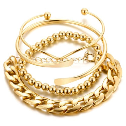 ÌF ME Gold Bangle Bracelets for Women, Indian Bangles Stackable Set, Multi Layer Textured 18K Gold Plated Chunky Bracelets Boho Jewelrys Set - style: beaded & Cuban