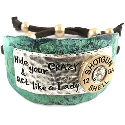 Western Peak Hammered Plate Hide Your Crazy Act Like a Lady 12 Gauge Shotgun Shell Leather Cuff Bracelet Necklace - color: Patina Blue