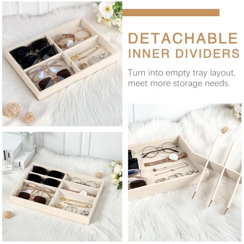 Emibele Sunglass Organizer Jewelry Tray, 8 Grids Velvet Glasses Watch Storage Stackable Tray, Eyeglasses Jewelry Showcase Display Organizer，Beige - style: B1- eight Grids-Beige