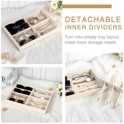 Emibele Sunglass Organizer Jewelry Tray, 8 Grids Velvet Glasses Watch Storage Stackable Tray, Eyeglasses Jewelry Showcase Display Organizer，Beige | Detachable Glasses Eyeglasses Jewelry Watch Storage Showcase Display Tray, Beige - style: B1- eight Grids-B