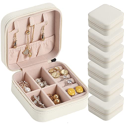 Travel Jewelry Case Bridesmaid Gifts Box,6 Pack Small Jewelry Box Mini Jewelry Organizer,PU Leather Portable Earring Storage Box for Women Girls Bridesmaid Proposal Gifts - color: White
