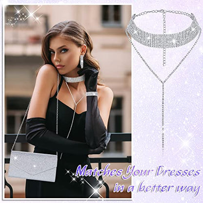4 Pcs Silver Clutch Purse Jewelry Set for Women Rave Accessories Evening Rhinestone Purse Silver for Bride Wedding - style: Glitter Style