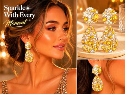 Rhinestone Statement Earrings Teardrop Costume Earrings Cluster Crystal Chandelier Drop Dangle Earrings for Women - color: Golden Yellow