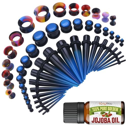 BodyJ4You 54PC Ear Stretching Kit 14G-12mm - Aftercare Jojoba Oil - Acrylic Plugs Gauge Tapers Silicone Tunnels - Lightweight Expanders Men Women - color: Black, Blue