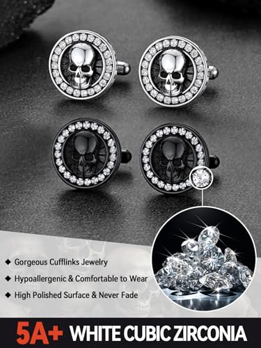 FaithHeart Mens Cufflinks, Norse Viking Tuxedo Shirt Cuff Links, Stainless Steel Cuff Links and Shirt Studs, Gift Box - style: 05. Skull CZ-Black