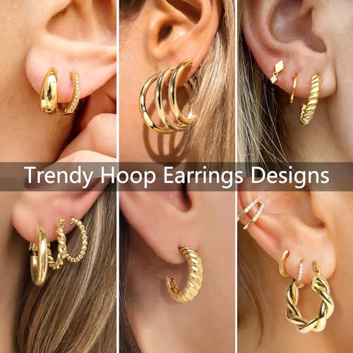 Adoyi 9 Pairs Gold Hoop Earrings Set for Womens Twisted Huggie Hoops Earrings 14K 18K Gold Plated for Girls Valentines Mother's Day Birthday Gifts Lightweight - color: 14K Gold Plated