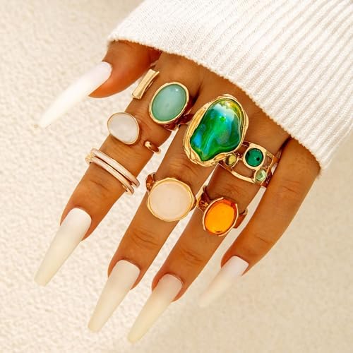 Chunky Gemstone Rings for Women Gold Silver Chunky Rings Set Adjustable Thick Statement Ring Trendy Fashion Silver Jewelry - style: Green