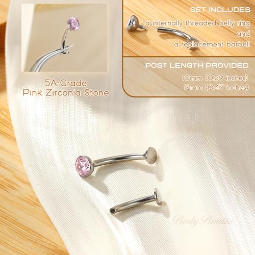 Upgraded Wearability Floating Belly Button Ring, G23 Titanium Internally Threaded Belly Button Piercing 14G, Curved Barbell Belly Rings, Pink Clear CZ Navel Rings with 10mm and 12mm Bar, Silver Gold Plated - color: Gold,Pink CZ