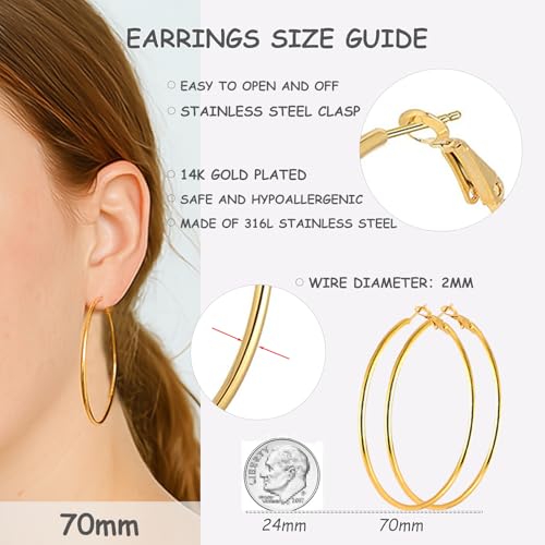 70mm Big Large Stainless Steel Gold Silver Hoop Earrings for Women | Hypoallergenic, Thin, 14K Gold Plated, Lightweight Dangle - color: 70mm-2 Pairs Gold/Sliver