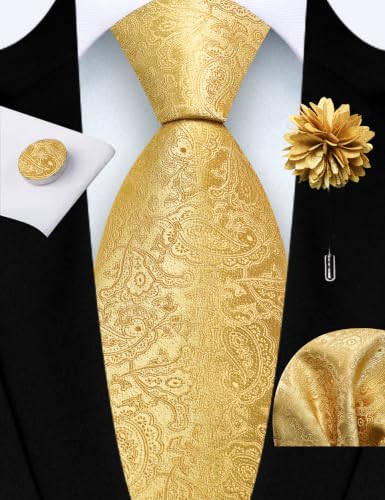 GUSLESON Paisley Tie Set for Men 3.15" Necktie Lapel Pin Hankerchief Cufflinks Set for Men - color: Gold -1