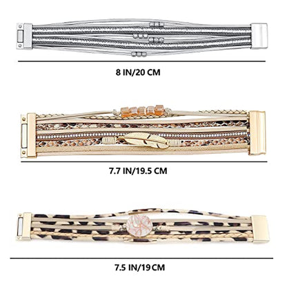 Wowanoo 3Pack Leather Cuff Bracelet Set Multilayer Wrap Bracelet Crystal Feather Tree Bracelet Magnetic Clasp Bracelet for Women - color: CrystalLeopard