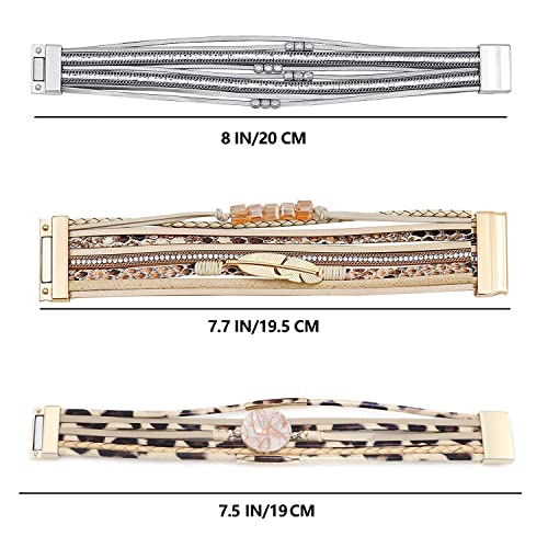 Wowanoo 3Pack Leather Cuff Bracelet Set Multilayer Wrap Bracelet Crystal Feather Tree Bracelet Magnetic Clasp Bracelet for Women - color: CrystalLeopard