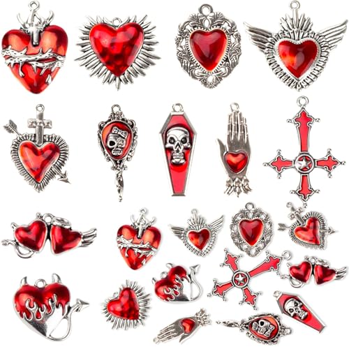 Giata11 Pcs Large Gothic Style Black Cross Skull Tombstone Heart Pendants Goth Halloween Charms for Jewelry Pendants Making DIY Craft Supplies - color: Red