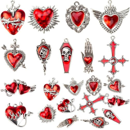 Giata11 Pcs Large Gothic Style Black Cross Skull Tombstone Heart Pendants Goth Halloween Charms for Jewelry Pendants Making DIY Craft Supplies - color: Red