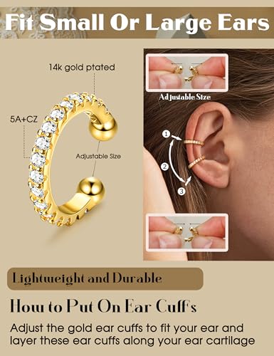 LOLIAS 4 Pairs Ear Cuffs Non Piercing - 14K Gold Plated Ear Cuff Earrings for Women Ear Cuff for Non Pierced Ears Clip on Cartilage Earring Adjustable Fake Earrings Set - style: CZ-14K Gold Plated