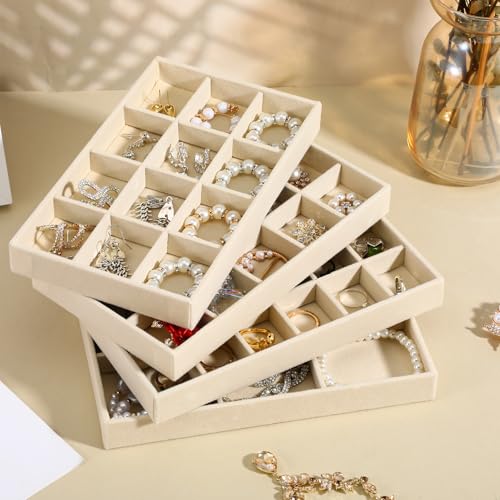 Jewelry Organizer Trays Set of 9, Velvet Lined Stackable Jewelry Trays for Drawers with Adjustable Dividers, Earring Organizer Storage, Beige 8.3 x 4.9 x 1 Inches