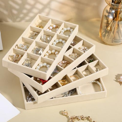Jewelry Organizer Trays Set of 9, Velvet Lined Stackable Jewelry Trays for Drawers with Adjustable Dividers, Earring Organizer Storage, Beige 8.3 x 4.9 x 1 Inches