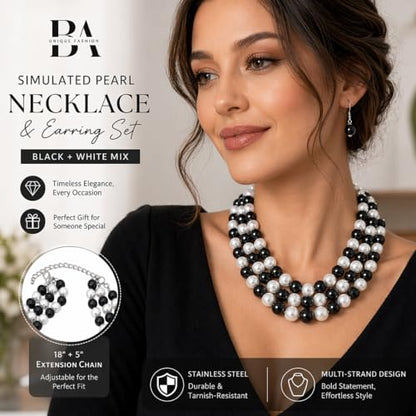 Simulated Pearl Necklace & Earring Set, Multi Strand - color: Black + White Mix
