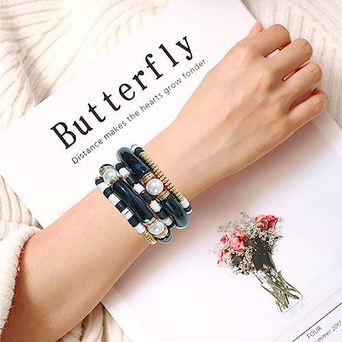GOOJIDS Simple Beaded Gold Plated Bangles Bracelet Chunky Bamboo Tube Curved Stacking Clear Acrylic Colorful Beads Stretchable Gold Plated Bracelets Set For Women - color: A-A2 Black Set