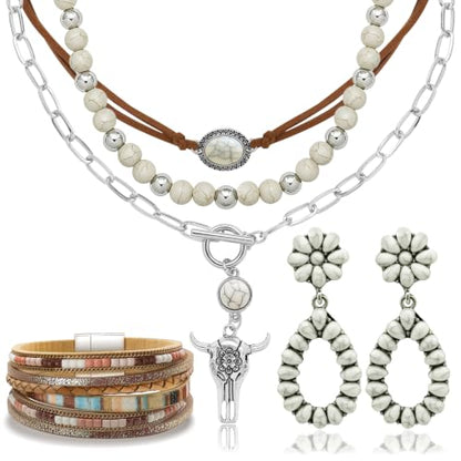 RechicGu Western Jewelry For Women Bohemian Turquoise Dangle Earrings Necklace Bracelet Set, Bullhead Pendant Layered Choker Boho Faux Leather Wristband Country Concert Cowgirl Accessories - color: White Turquoise Set