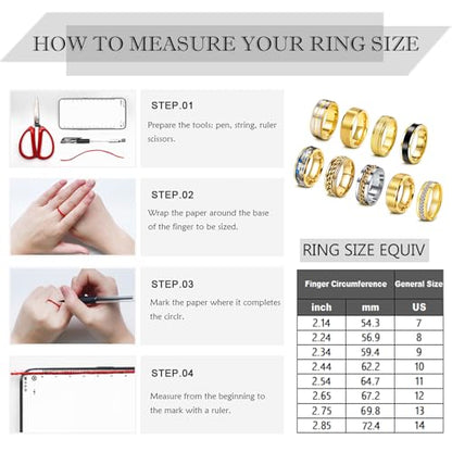 EIELO 9Pcs Stainless Steel Band Rings for Men Women Cool Fidget Spinning Chain Ring Anxiety Relief Fashion Simple Wedding Engagement Black Ring Set - color: Golden