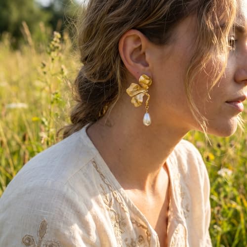 Chunky Gold Plated Flower Statement Drop Earrings for Women | Hypoallergenic 18K Gold Plated Textured Petal Wing, Large Statement Dangle Earrings for Wedding Party - color: Three Petals Pearl
