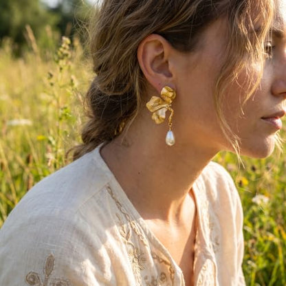 Chunky Gold Plated Flower Statement Drop Earrings for Women | Hypoallergenic 18K Gold Plated Textured Petal Wing, Large Statement Dangle Earrings for Wedding Party - color: Three Petals Pearl