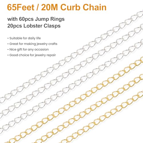 Kyutong 2 Rolls Gold and Silver Extender Chains Bulk for Jewelry Making | 3MM Wide Curb Links Stainless Steel Necklace Chains Spool with Lobster Clasps Jump Rings Jewelry Supplies for Crafts DIY - color: Curb Chain