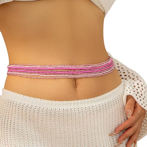 8Pcs Colorful Beads Waist Chain Sets Summer Beach Multi-layered Beaded Belly Chain Sexy Bikini Elastic Adjustable Waist Body Chain Beads Body Accessories Jewelry for Women - style: Pink