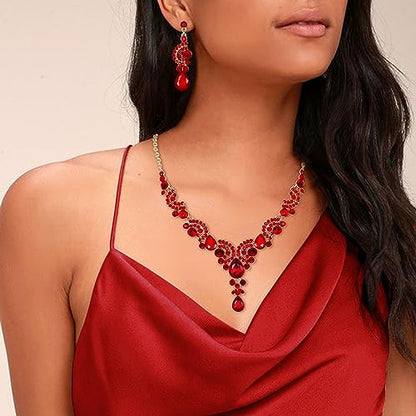 EVER FAITH Rhinestone Crystal Bridal Floral Wave Teardrop Necklace Earrings Set - color: 2pcs_Red