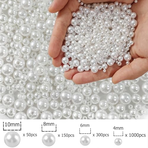 1500pcs Pearl Beads for Jewelry Making, 4mm 6mm 8mm 10mm Round Loose Pearls Beads with Hole, Bracelet Pearls for Crafts, White Pearls for Jewelry Making - size: 4/6/8/10mm