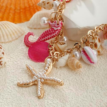 RUOFFETA Shell Starfish Necklace Bracelet Conch Statement Chunky Necklace Mermaid Costume Jewelry Beach Jewelry for Women - style: Necklace Hot Pink