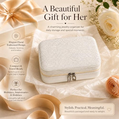 Travel Jewelry Case, Jewelry Box with Floral Embossed, PU Leather Travel Jewelry Organizer with Zipper, Velvet Lined Ring Earring Necklace Case for Travel, 6.3 x 4.7 x 2.4 in - color: White-2