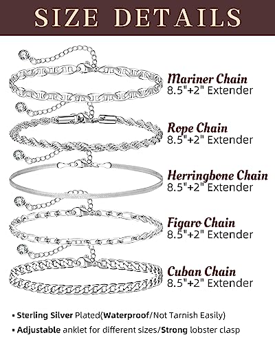 Sterling Silver Ankle Bracelets for Women Strong Lobster Clasp - Cuban Link, Figaro, Rope, Flat Mariner, Snake Herringbone, Satellite, Paperclip - Summer Beach Waterproof Silver Anklet - color: Cuban Link, Figaro, Rope, Flat Mariner, Snake