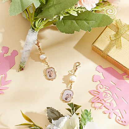 CHGCRAFT 2Pcs Wedding Bouquet Charm Rectangle Stainless Steel Memorial Photo Pendant with Freshwater Pearl and Necklace Boxes for Wedding Bridal Shower Party Decor, Gold, 60mm Tray: 14.5x10mm